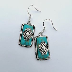 Retro Bohemian Ethnic Natural Gemstone Turquoise Silver Earrings